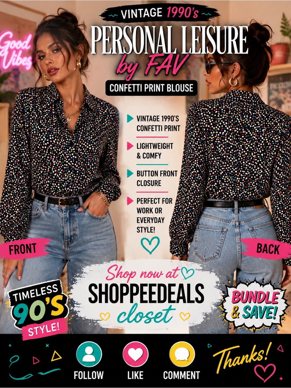 Personal Leisure by FAV Vintage Abstract Confetti Print Blouse – Women’s